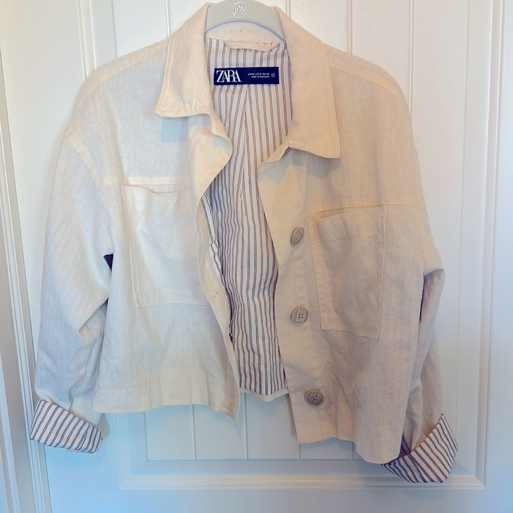 Zara Cropped White Linen Blazer with Stripped Lining